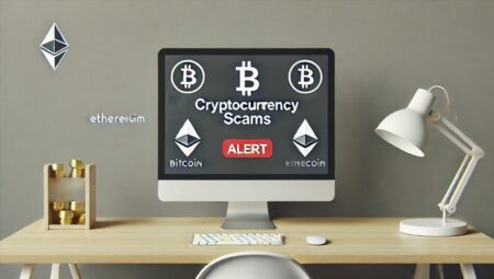 Imagen minimalista que muestra una pantalla de computadora con una advertencia sobre estafas de criptomonedas. En la pantalla se puede ver un ícono de alerta roja y texto advirtiendo sobre estafas de criptomonedas, con íconos pequeños de Bitcoin, Ethereum y Dogecoin alrededor de la alerta para señalar las criptomonedas involucradas. El fondo es simple, con un escritorio básico para mantener la atención en la advertencia.