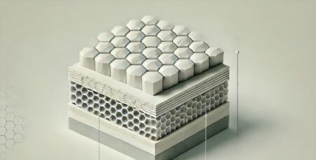 Imagen minimalista de una estructura de concreto avanzada, inspirada en la resistencia del nácar, mostrando azulejos hexagonales y capas finas de polímero. Innovación en materiales de construcción más resistentes y duraderos.