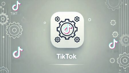 Ilustración minimalista del icono de la aplicación TikTok rodeado de engranajes, simbolizando el reinicio de su algoritmo. El fondo es simple y limpio, con colores planos y gradientes sutiles.
