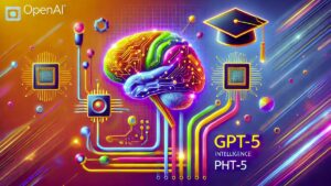 Imagen vibrante utilizando colores Material Design que ilustra el avance de GPT-5 de OpenAI. Incluye elementos simbólicos de la inteligencia artificial, como un cerebro, líneas de circuitos y un birrete para representar la inteligencia a nivel de doctorado. Fondo dinámico y colorido que refleja innovación y progreso en la tecnología IA.