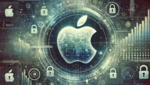 Imagen abstracta con el logo de Apple en el centro, sobre un fondo digital con tonos azules y verdes, representando tecnología y datos. La imagen simboliza la privacidad y la regulación, temas clave en la decisión de Apple de retrasar el lanzamiento de Apple Intelligence en Europa debido a la Ley de Mercados Digitales