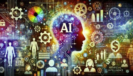 Una representación abstracta que muestra la influencia de la inteligencia artificial en el empleo y la economía. La imagen combina figuras humanas con elementos de IA, engranajes, redes digitales y símbolos de moneda. Los colores brillantes y oscuros reflejan el contraste entre las oportunidades y la incertidumbre, capturando la esencia del avance tecnológico y sus implicaciones sociales.