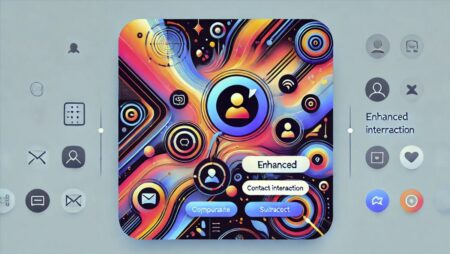 Una imagen abstracta en formato 16:9 que representa la mejora en la interacción de contactos en la aplicación de mensajería Google Messages. La imagen utiliza una paleta de colores vibrantes y tecnológicos, con elementos que simbolizan la comunicación, la conectividad y las mejoras en la interfaz de usuario. Se destacan representaciones abstractas de fotos de contacto ampliadas, íconos de atajos y dinámicas de interacción, capturando el espíritu de la nueva funcionalidad de la aplicación.