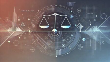 Una imagen abstracta y minimalista que representa el equilibrio entre la innovación y la regulación en la inteligencia artificial. La imagen presenta formas geométricas y líneas limpias, simbolizando la intersección de la tecnología, la seguridad y el empleo. Un fondo de degradado sutil con colores contrastantes transmite la naturaleza dinámica y en evolución de la IA.