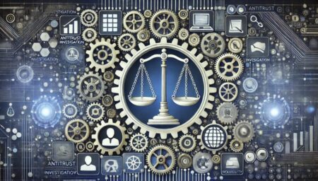 Imagen abstracta sobre la investigación antimonopolio en el sector tecnológico. La imagen incluye elementos simbólicos como balanzas de justicia, engranajes interconectados y iconos digitales representando videoconferencias y software de productividad. Predominan los colores azul, blanco y gris, reflejando un ambiente corporativo y legal.