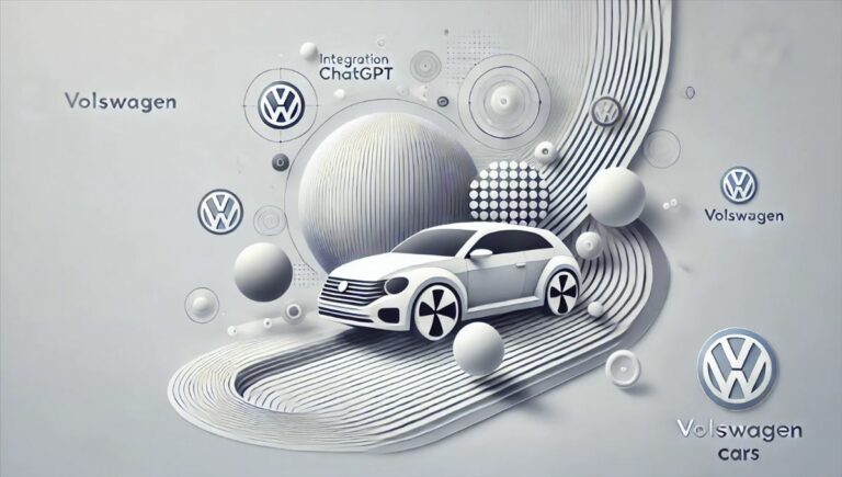 Una imagen abstracta y minimalista en formato 16:9 con colores blanco y gris, representando la integración de ChatGPT en los vehículos de Volkswagen. La imagen presenta líneas suaves y formas abstractas que evocan una sensación de tecnología moderna e interacción sin fisuras. El diseño es limpio y sencillo, con un aire futurista. Ideal para ilustrar artículos sobre tecnología avanzada en automóviles y la evolución de la asistencia por voz en la conducción.