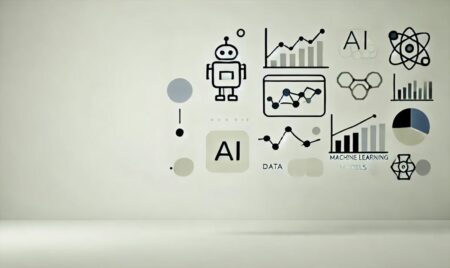 Una imagen minimalista que representa herramientas de inteligencia artificial para el análisis de negocios. La imagen presenta representaciones abstractas y simples de gráficos de datos, modelos de aprendizaje automático e integración de datos. El diseño utiliza líneas limpias y una paleta de colores neutros con toques de azul y verde para significar tecnología y crecimiento.