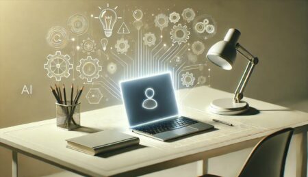 Una imagen minimalista que muestra la mejora de la productividad y la creatividad mediante la inteligencia artificial. La imagen presenta un espacio de trabajo con un ordenador portátil elegante en un escritorio limpio, iluminado con una luz sutil. Al lado del portátil, hay representaciones abstractas de engranajes y bombillas, simbolizando innovación y pensamiento inteligente. El fondo es simple, con degradados suaves en colores calmantes.