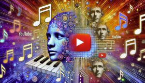 Una representación abstracta de YouTube integrando IA en la creación musical. La imagen muestra elementos como notas musicales, circuitos de IA y representaciones abstractas de rostros de artistas famosos mezclándose con patrones digitales. El fondo es una mezcla de colores vibrantes, simbolizando la creatividad y la tecnología