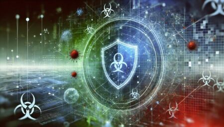 Una obra de arte digital abstracta que representa la ciberseguridad y la protección antivirus. La imagen muestra formas abstractas y líneas en tonos de azul y verde, simbolizando redes digitales y escudos de seguridad. Hay toques de rojo que representan la amenaza de virus y malware. La composición general transmite una sensación de protección dinámica y vigilancia constante.