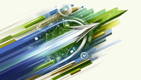 Una imagen abstracta que representa las mejoras de velocidad y eficiencia en Google Sheets. La imagen presenta elementos dinámicos como líneas en movimiento rápido y transiciones suaves en colores verde y azul, simbolizando el flujo de datos y la velocidad de procesamiento. Incluye formas geométricas para transmitir estructura y organización, con una estética moderna inspirada en la tecnología.