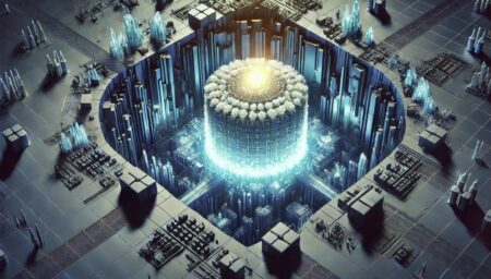 Una imagen abstracta que representa el almacenamiento seguro de residuos nucleares. Muestra capas profundas subterráneas con un contenedor brillante y seguro, rodeado de estructuras cristalinas y barreras protectoras. La paleta de colores incluye tonos de azul y verde, simbolizando estabilidad y seguridad, con destacados brillantes que indican el área de contención.