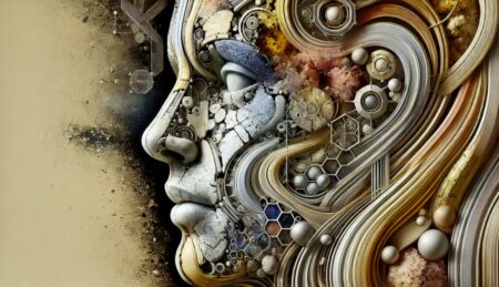 Imagen abstracta de un rostro robótico con piel humana, simbolizando la integración de células vivas en estructuras mecánicas. La imagen presenta texturas orgánicas y elementos metálicos en tonos de piel naturales y colores metálicos, creando un contraste visual armonioso.