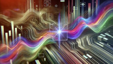 Una representación abstracta de la detección de videos generados por IA. La imagen presenta ondas dinámicas y coloridas que interactúan con elementos digitales nítidos y estructurados. El fondo es un gradiente que transita de tonos oscuros a claros, simbolizando la detección de videos falsos. Efectos de fallas sutiles indican la presencia de contenido generado por IA, mientras que líneas brillantes y distintivas representan el algoritmo de detección identificando estas anomalías.