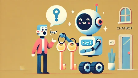 Ilustración minimalista y divertida donde un chatbot, similar a ChatGPT, con una expresión peculiar, entrega llaves a un usuario sorprendido. El fondo es simple y limpio, destacando la interacción lúdica entre la IA y el usuario.