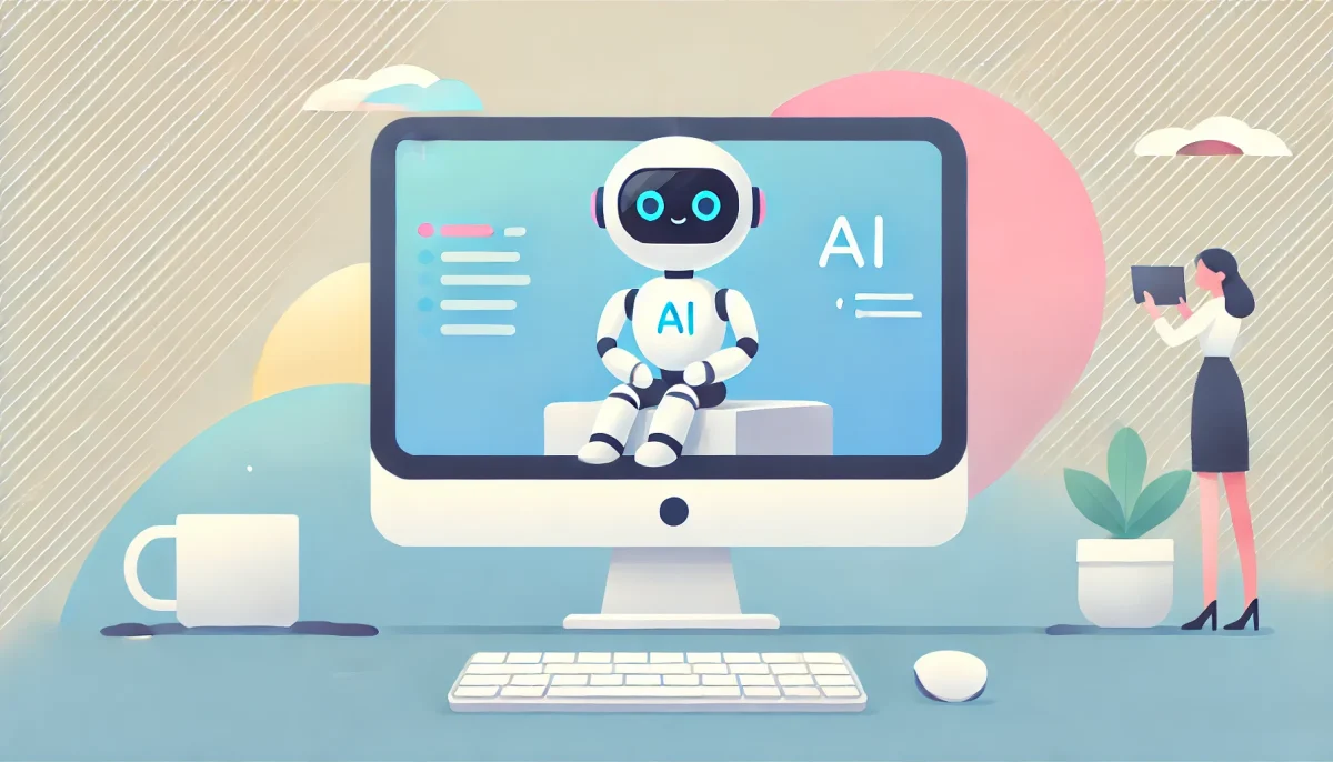 Ilustración minimalista y divertida de un ordenador de escritorio con un pequeño robot de IA sentado encima. El fondo es limpio y simple, con colores pastel suaves, representando la integración de la IA poderosa en herramientas empresariales cotidianas.