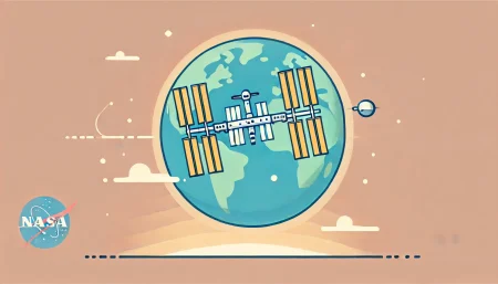 Una ilustración minimalista y divertida de la Estación Espacial Internacional descendiendo gradualmente hacia la Tierra. El fondo es simple, con la Tierra y la atmósfera representadas en colores pastel suaves. La Estación Espacial Internacional tiene un aspecto ligeramente caricaturesco, añadiendo un toque de humor al tema.