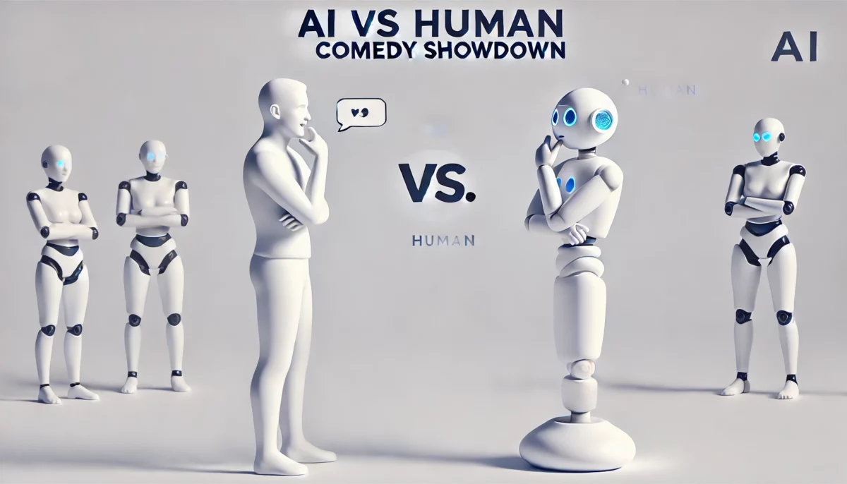 una imagen minimalista que ilustra una competencia humorística entre un humano y una IA, representada por un ícono de chatbot. La imagen tiene un diseño limpio y moderno con un fondo blanco. El texto "AI vs Human Comedy Showdown" está en la parte superior de la imagen en una fuente simple y elegante.