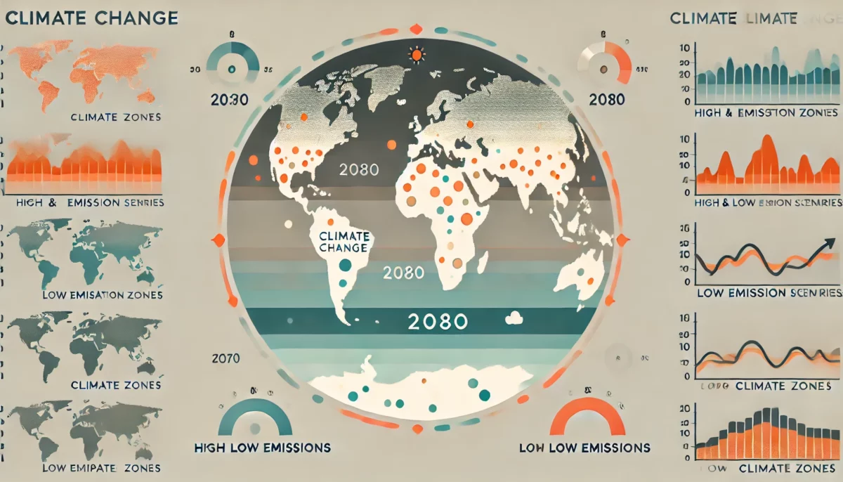 Mapa minimalista que muestra el impacto del cambio climático y la transición de zonas climáticas para 2080, destacando escenarios de altas y bajas emisiones.