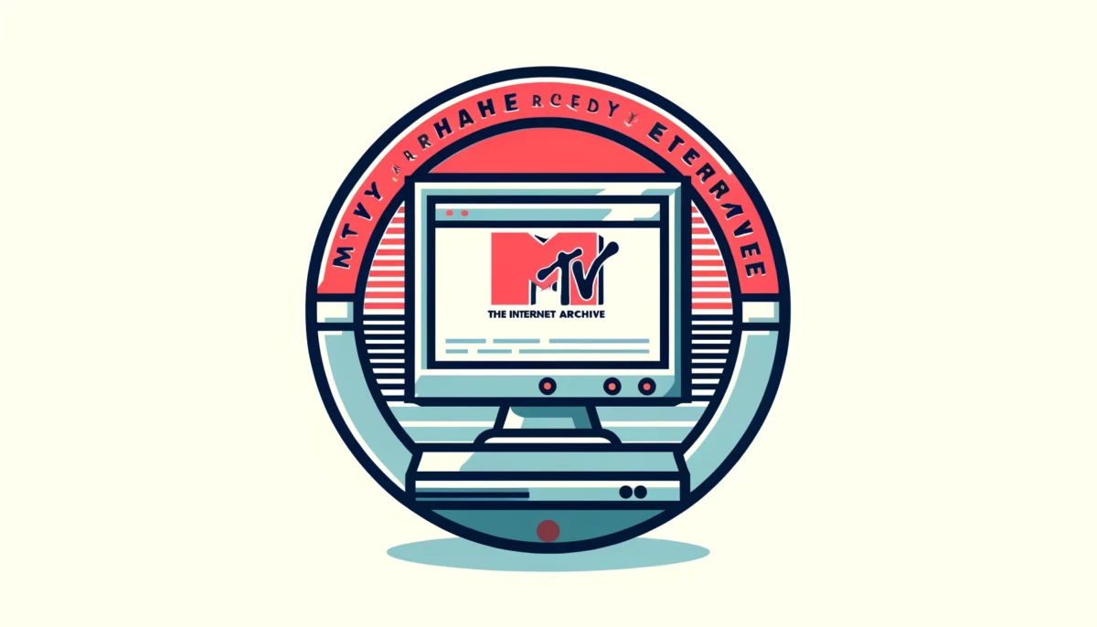 imagen minimalista que representa el rescate del sitio web de MTV News por parte del Internet Archive. La imagen muestra una pantalla de computadora con una página web de MTV News, rodeada por el logotipo del Internet Archive. La superposición de texto dice: "MTV News Archive Rescued by Internet Archive" en una fuente audaz y legible.