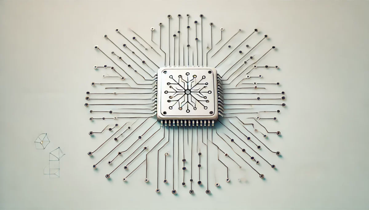 Imagen minimalista de un chip neuromórfico en el centro, rodeado de líneas estilizadas que representan conexiones neuronales. El diseño es limpio y moderno, sobre un fondo claro.