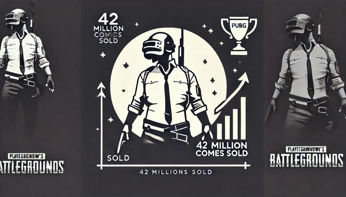 Una imagen minimalista que representa a PUBG: Battlegrounds como el juego de PC más vendido del mundo, con la silueta de un personaje del juego, iconos de un trofeo, un gráfico ascendente y el texto "42 millones de copias vendidas". Colores negro, blanco y dorado.