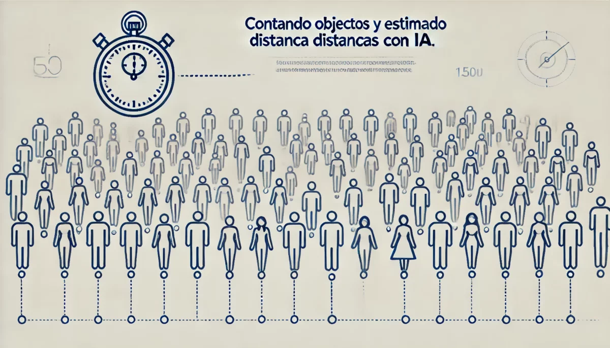 Ilustración minimalista de un grupo de personas con líneas que indican distancias y un cronómetro, destacando el uso de IA para contar objetos y calcular tiempos.