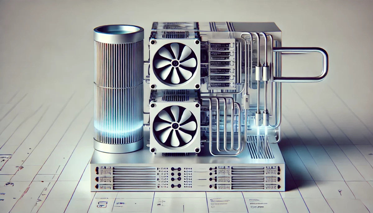 Imagen minimalista de un sistema de computación cuántica con elementos de enfriamiento destacados.