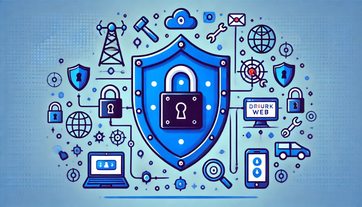 Una imagen minimalista y divertida que representa la seguridad en línea y el monitoreo del dark web. Se observa un escudo azul con un candado en el centro, rodeado de iconos de computadoras y teléfonos móviles. En el fondo, hay un sutil diseño de red que simboliza la web.