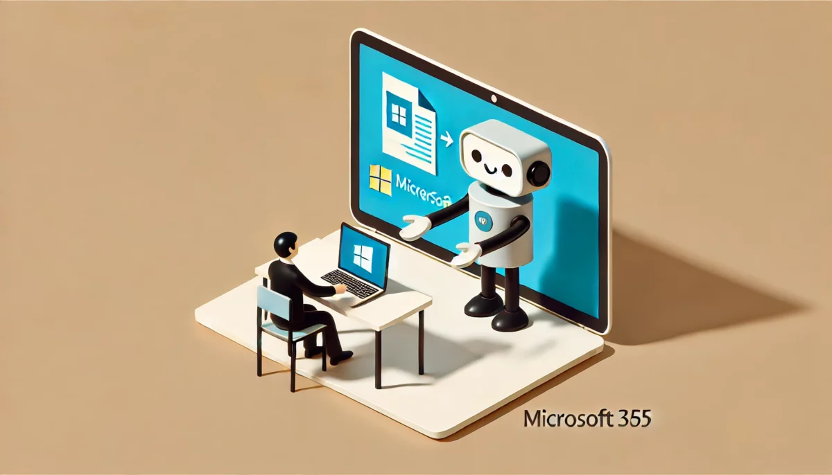 Ilustración divertida del proceso de creación de presentaciones de PowerPoint usando ChatGPT y Microsoft 365, mostrando un robot entregando una presentación a un usuario.
