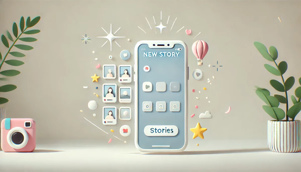 Una imagen minimalista y divertida que muestra un smartphone con fotos flotando a su alrededor, destacando una nueva función de historias similar a Instagram Stories. El fondo es claro con elementos festivos como confeti y estrellas, dando un toque alegre.