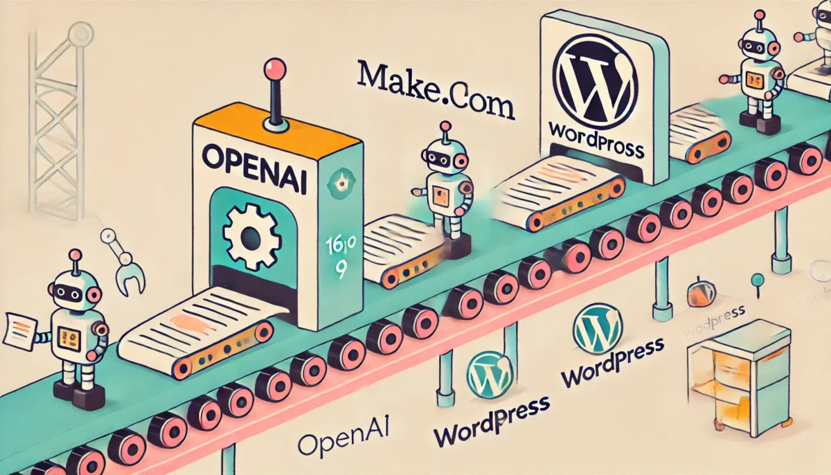 Ilustración minimalista sobre la automatización de blogs utilizando ChatGPT, Make.com y WordPress. La imagen muestra una cinta transportadora con robots creando publicaciones, pasando por los logos de OpenAI, Make.com y WordPress. Ideal para representar el contenido generado automáticamente en internet.