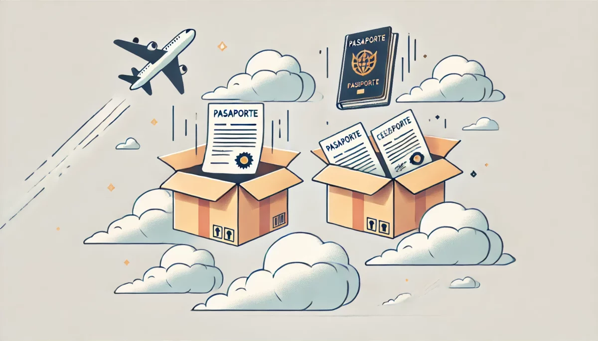 Una ilustración minimalista y divertida que muestra cubos de almacenamiento en la nube abiertos, de los cuales salen documentos como pasaportes y certificados volando, destacando los riesgos de seguridad en los convertidores de PDF en línea.