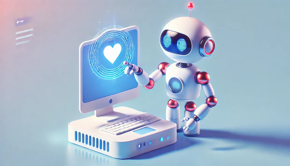 Imagen minimalista y divertida de un robot transmitiendo datos a una computadora, representando la integración de datos empresariales en la inteligencia artificial. La escena refleja colaboración e innovación abierta en la IA, con fondo limpio y colores claros.