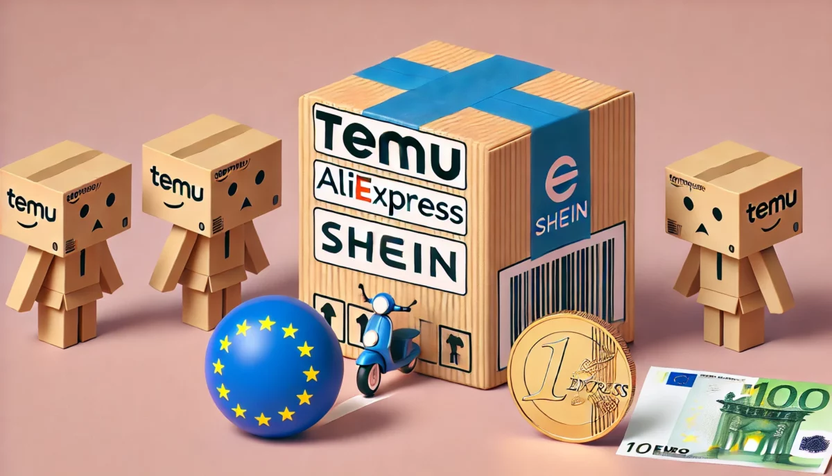 Imagen minimalista que representa un paquete con logos de Temu, AliExpress y Shein acercándose a una barrera con el símbolo de la Unión Europea y una moneda euro, simbolizando los nuevos aranceles aduaneros para compras online de bajo costo en la Unión Europea.