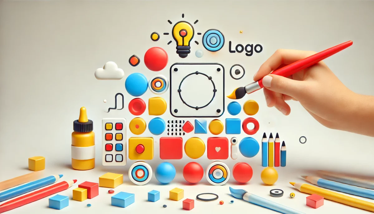 Una imagen minimalista y divertida que representa el proceso de creación del logo perfecto. La escena incluye formas simples como círculos, cuadrados y triángulos en colores brillantes como rojo, azul y amarillo. Una herramienta de diseño juguetona, como un pincel o lápiz, interactúa con las formas, sugiriendo el proceso creativo de diseñar un logo. El fondo es limpio y blanco, manteniendo el enfoque en las formas coloridas y las herramientas de diseño.