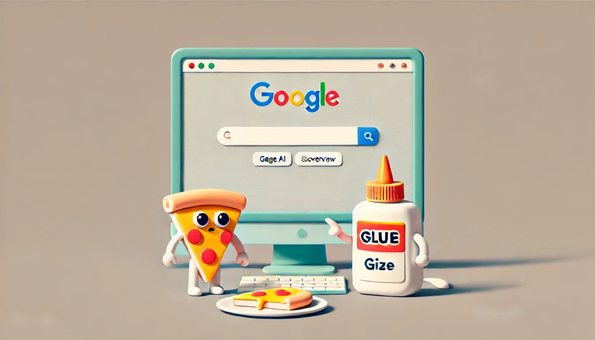 La imagen minimalista y divertida muestra la función AI Overview de Google. Se ve una pantalla de computadora con una barra de búsqueda simple en la parte superior. Debajo de la barra de búsqueda, una escena humorística donde una botella de pegamento y una rebanada de pizza interactúan, con la botella de pegamento señalando la pizza como si sugiriera añadir pegamento. El fondo es claro y sencillo, destacando la interacción cómica entre el pegamento y la pizza.
