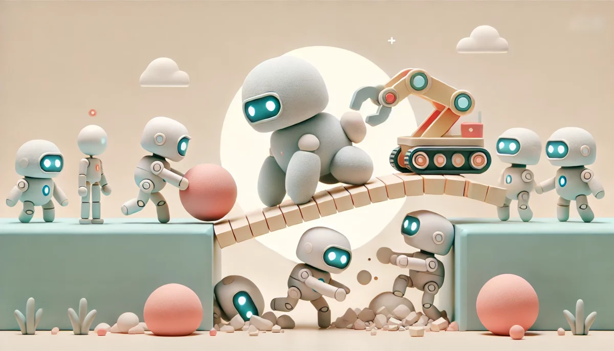 Imagen minimalista y divertida de robots suaves con una extremidad desmontable y fusionándose para formar un puente, representando innovaciones en la robótica.