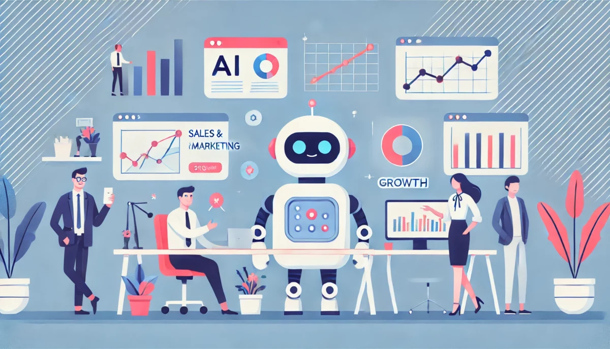 Una imagen minimalista y divertida que ilustra el concepto de herramientas de inteligencia artificial para ventas y marketing. La imagen muestra un robot amigable en un entorno de oficina, interactuando con profesionales de ventas y marketing, analizando datos en pantallas y mostrando gráficos de crecimiento. La paleta de colores es limpia y vibrante, con formas simples y un ambiente alegre.