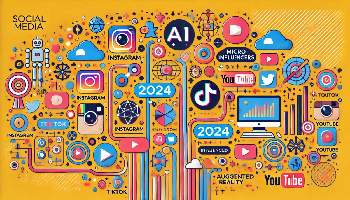 Una ilustración colorida y minimalista que muestra la evolución de las tendencias en redes sociales para 2024. La imagen presenta íconos de plataformas como Instagram, TikTok y YouTube, junto con elementos como contenido generado por IA, micro-influencers y realidad aumentada, todo interconectado en un estilo divertido y dinámico.