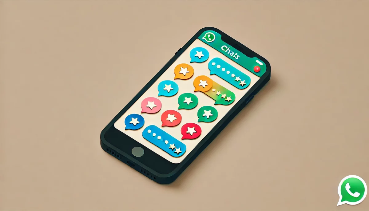 Imagen minimalista en formato 16:9 mostrando una pantalla de smartphone con la interfaz de WhatsApp, donde se destacan burbujas de chat con iconos de estrella, representando contactos favoritos. Los colores brillantes de las burbujas aportan un toque divertido y llamativo, ideal para representar la funcionalidad de gestión de favoritos en una aplicación de mensajería.