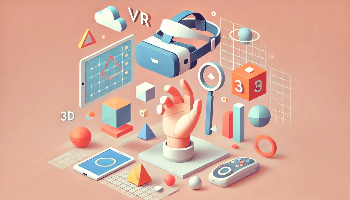 Una imagen divertida y minimalista que representa la apertura de Google Blocks como código abierto, mostrando un visor de realidad virtual y la creación de objetos en 3D con formas geométricas flotantes.