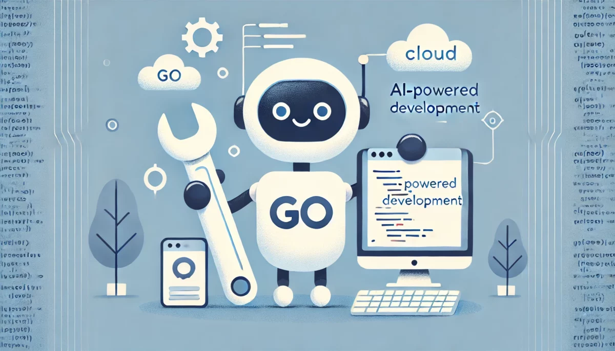 Ilustración minimalista y divertida sobre el desarrollo de aplicaciones impulsadas por IA en Go. Un robot amigable con una llave inglesa y una computadora, con referencias a código y servicios en la nube, simbolizando escalabilidad y rendimiento.