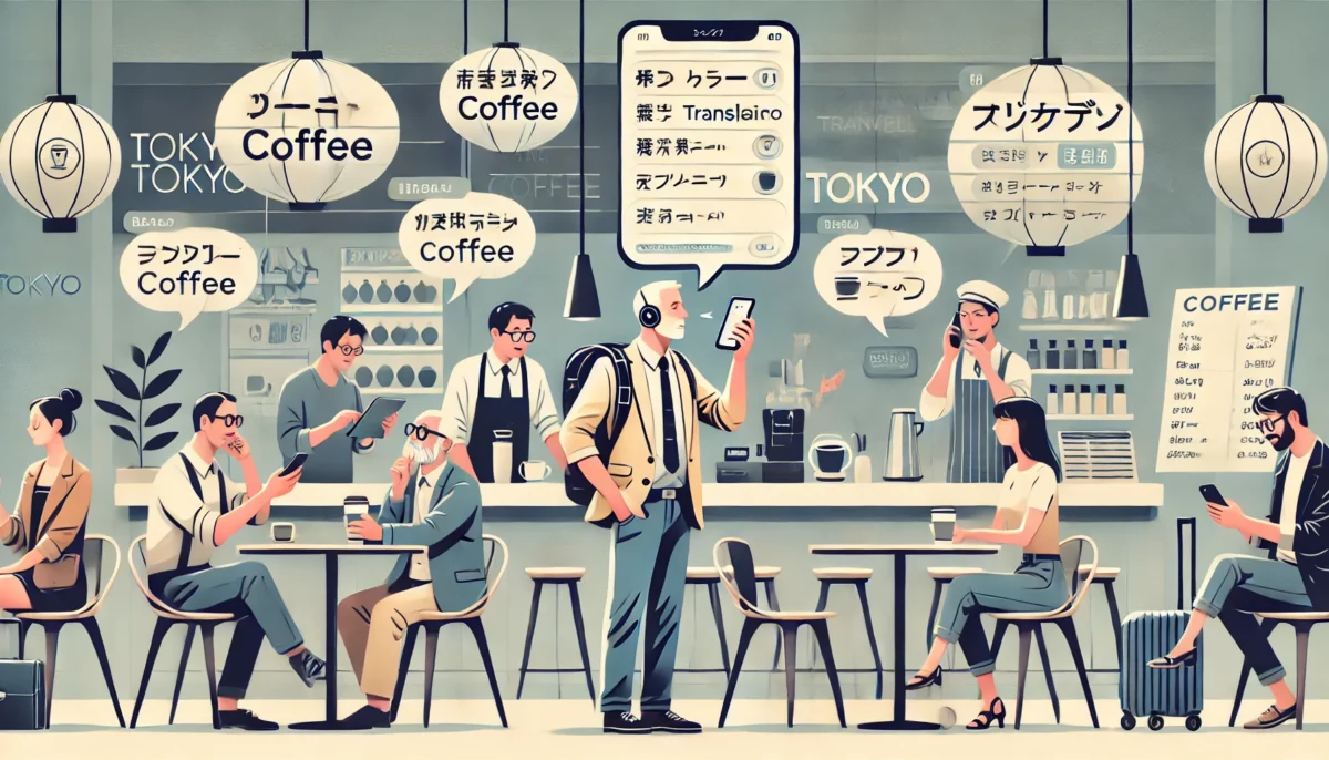 "Ilustración minimalista y divertida de un turista confundido intentando ordenar café en un café de Tokio usando una app de traducción. La escena muestra al turista rodeado de clientes divertidos por la situación, en un entorno moderno y con elementos futuristas como hologramas del menú."