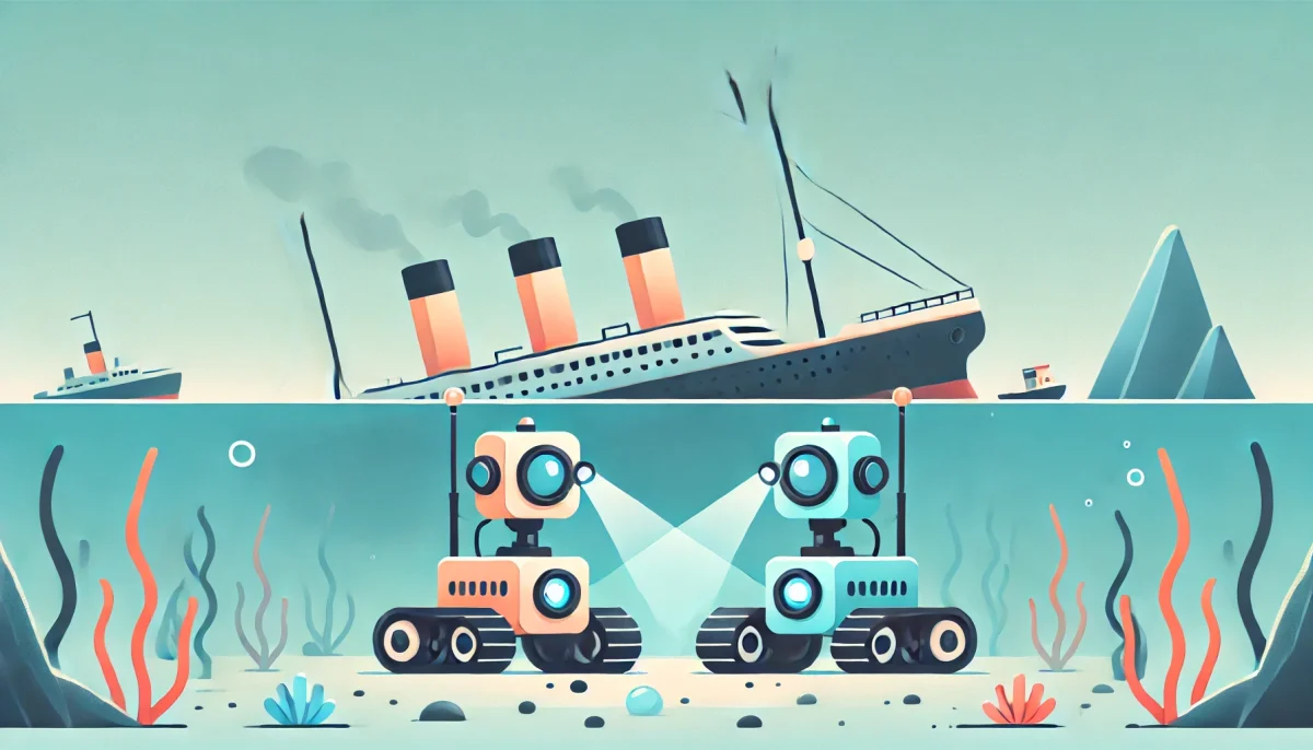 Ilustración minimalista y divertida de dos robots submarinos explorando los restos del Titanic. La escena muestra el fondo del océano y una parte de la estructura del Titanic, con los robots equipados con luces y cámaras, evocando un sentido de aventura y descubrimiento