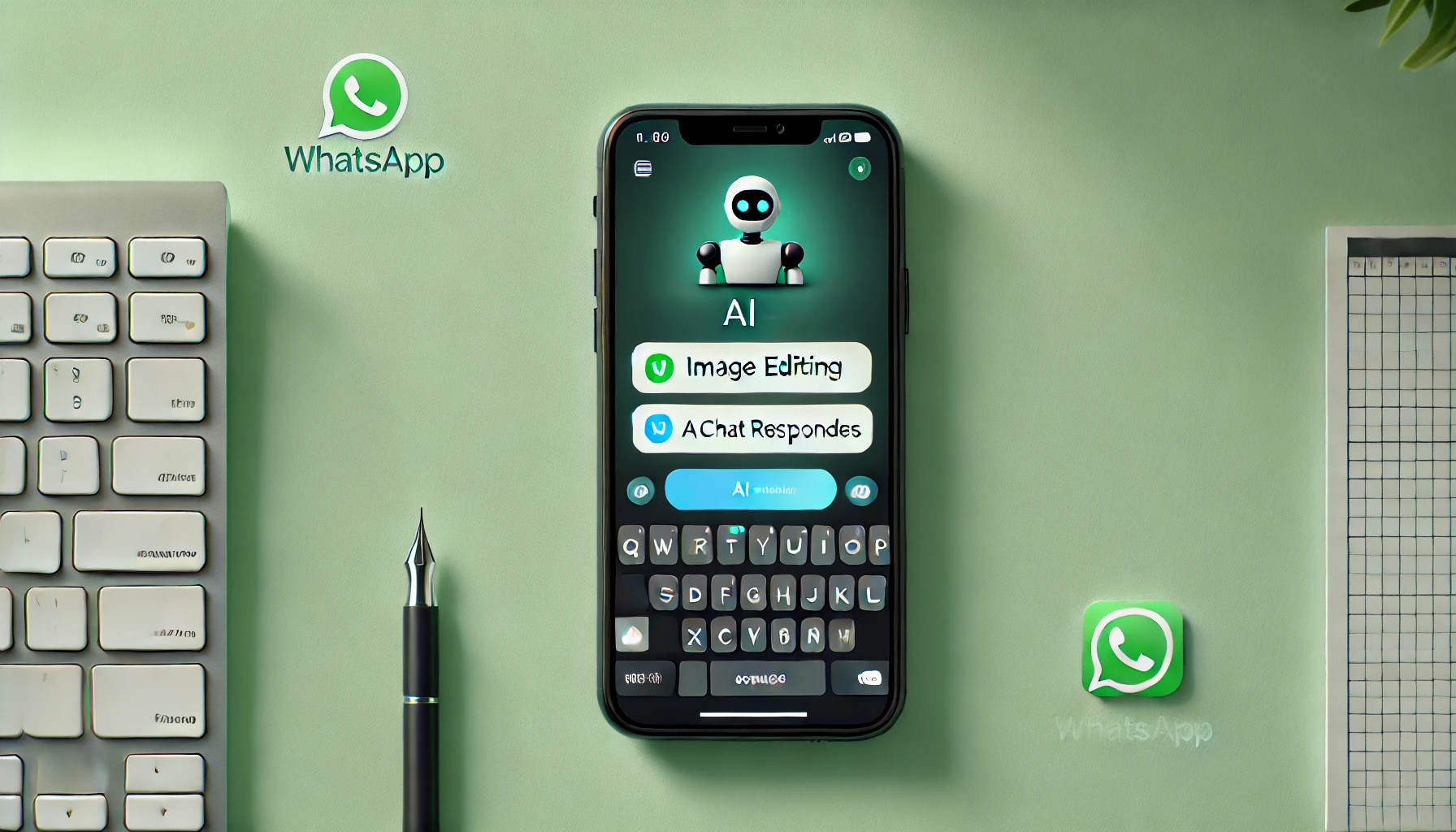 imagen minimalista muestra la nueva función de IA de WhatsApp para editar y responder imágenes. Con un diseño elegante, se ve un smartphone con la interfaz de WhatsApp destacando las características impulsadas por la IA, incluyendo íconos para edición de imágenes y respuestas automáticas. El fondo es limpio y simple, utilizando tonos de verde y blanco, evocando la identidad visual de WhatsApp.