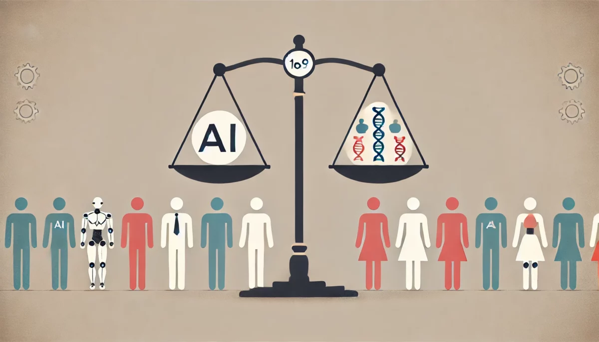 Imagen minimalista sobre el equilibrio entre inteligencia artificial y ética, representada por una balanza con un símbolo de IA y figuras humanas diversas. Fondo neutro con colores suaves para resaltar los elementos principales.