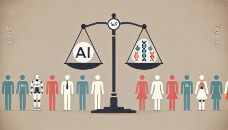 Imagen minimalista sobre el equilibrio entre inteligencia artificial y ética, representada por una balanza con un símbolo de IA y figuras humanas diversas. Fondo neutro con colores suaves para resaltar los elementos principales.