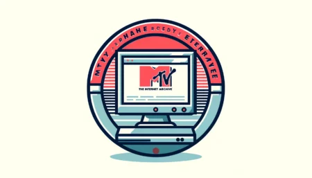imagen minimalista que representa el rescate del sitio web de MTV News por parte del Internet Archive. La imagen muestra una pantalla de computadora con una página web de MTV News, rodeada por el logotipo del Internet Archive. La superposición de texto dice: "MTV News Archive Rescued by Internet Archive" en una fuente audaz y legible.