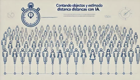 Ilustración minimalista de un grupo de personas con líneas que indican distancias y un cronómetro, destacando el uso de IA para contar objetos y calcular tiempos.